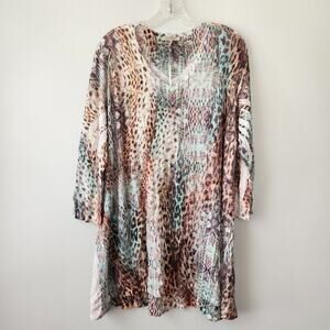 Jess & Jane Top Women's XL Tan Turquoise Leopard Print Tunic Boho Chic Classic